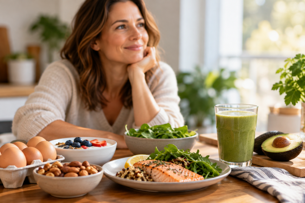 Protein-rich foods including eggs, salmon, Greek yogurt, nuts, greens and avocado